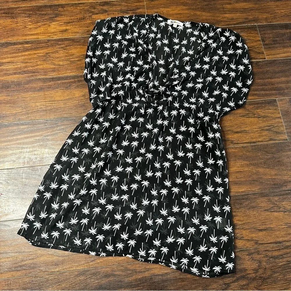 Miken Swim Black Palm Print Cinched Tie Ruffle Surplice Swim Cover Up Dress